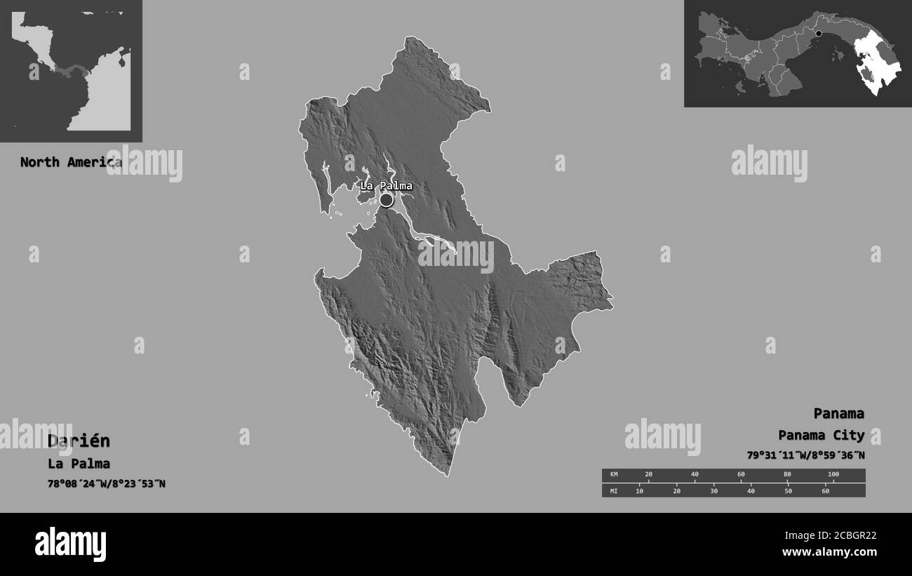 Form von Darién, Provinz Panama, und seine Hauptstadt. Entfernungsskala, Vorschauen und Beschriftungen. Höhenkarte mit zwei Ebenen. 3D-Rendering Stockfoto