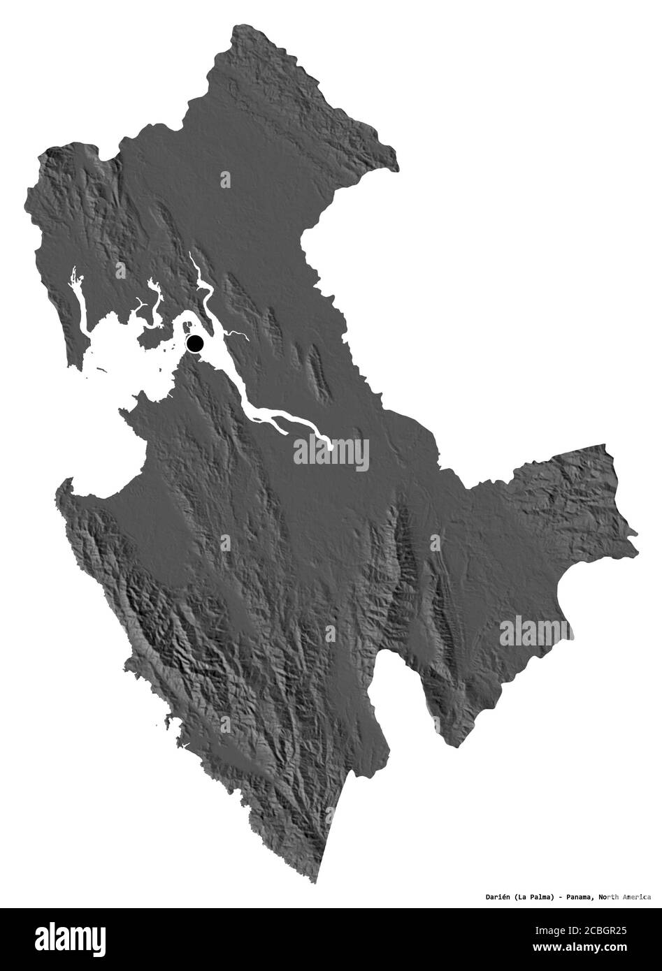 Form von Darién, Provinz Panama, mit seiner Hauptstadt isoliert auf weißem Hintergrund. Höhenkarte mit zwei Ebenen. 3D-Rendering Stockfoto