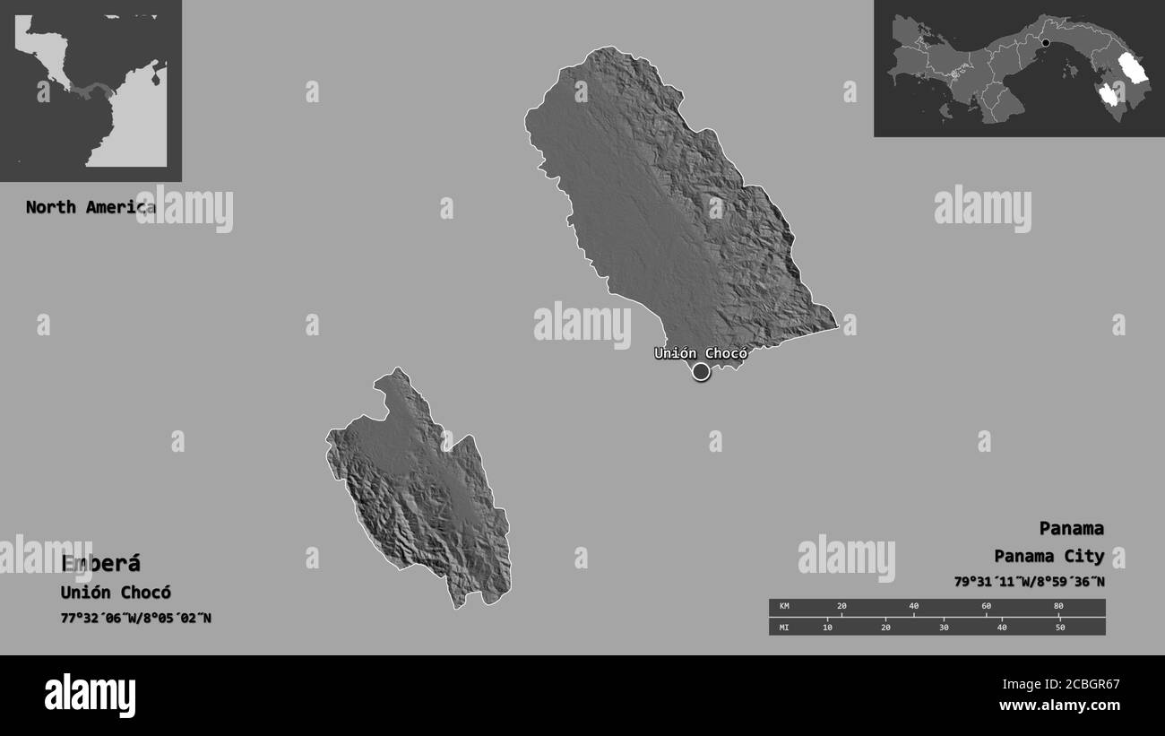 Form von Emberá, indigenes Gebiet von Panama, und seine Hauptstadt. Entfernungsskala, Vorschauen und Beschriftungen. Höhenkarte mit zwei Ebenen. 3D-Rendering Stockfoto