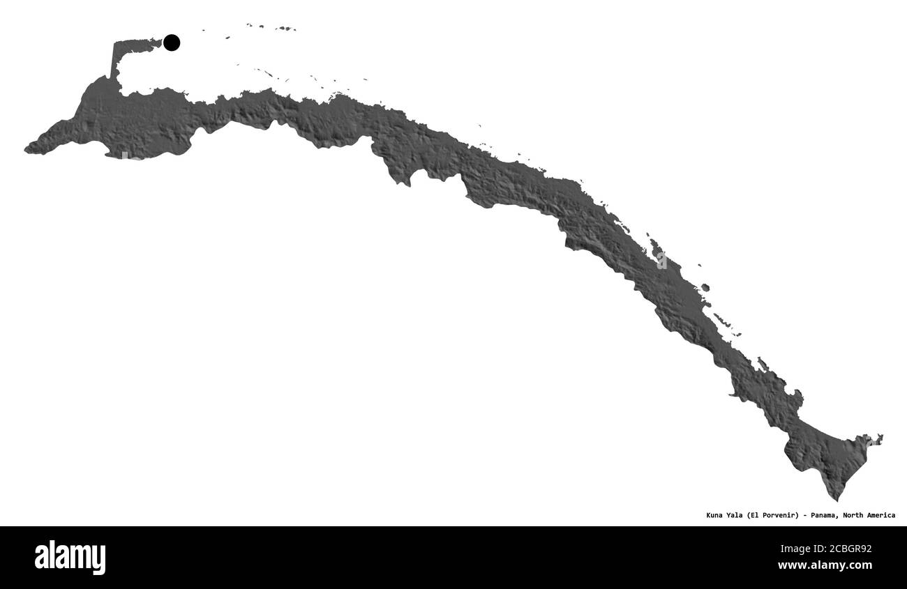 Form von Kuna Yala, indigenes Gebiet von Panama, mit seiner Hauptstadt isoliert auf weißem Hintergrund. Höhenkarte mit zwei Ebenen. 3D-Rendering Stockfoto