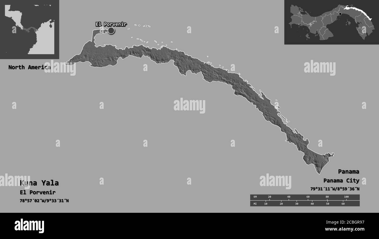 Form von Kuna Yala, indigenes Gebiet von Panama, und seine Hauptstadt. Entfernungsskala, Vorschauen und Beschriftungen. Höhenkarte mit zwei Ebenen. 3D-Rendering Stockfoto