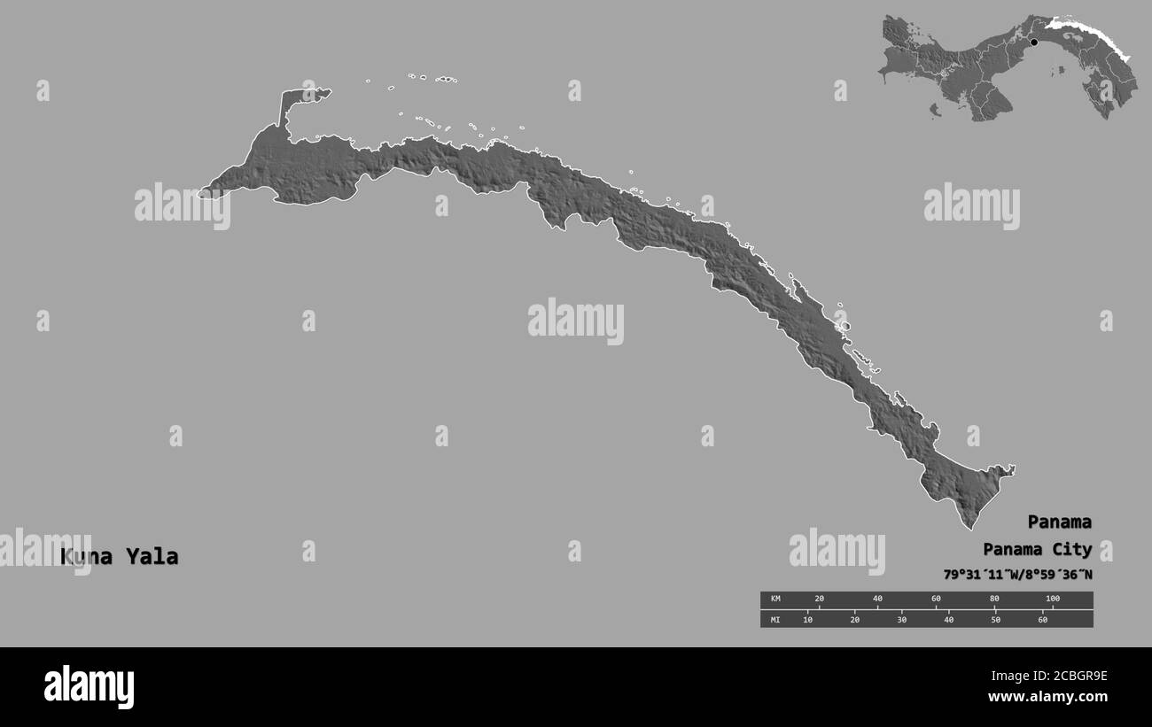 Form von Kuna Yala, indigenes Gebiet von Panama, mit seiner Hauptstadt auf festem Hintergrund isoliert. Entfernungsskala, Regionenvorschau und Beschriftungen. Bilevel Stockfoto