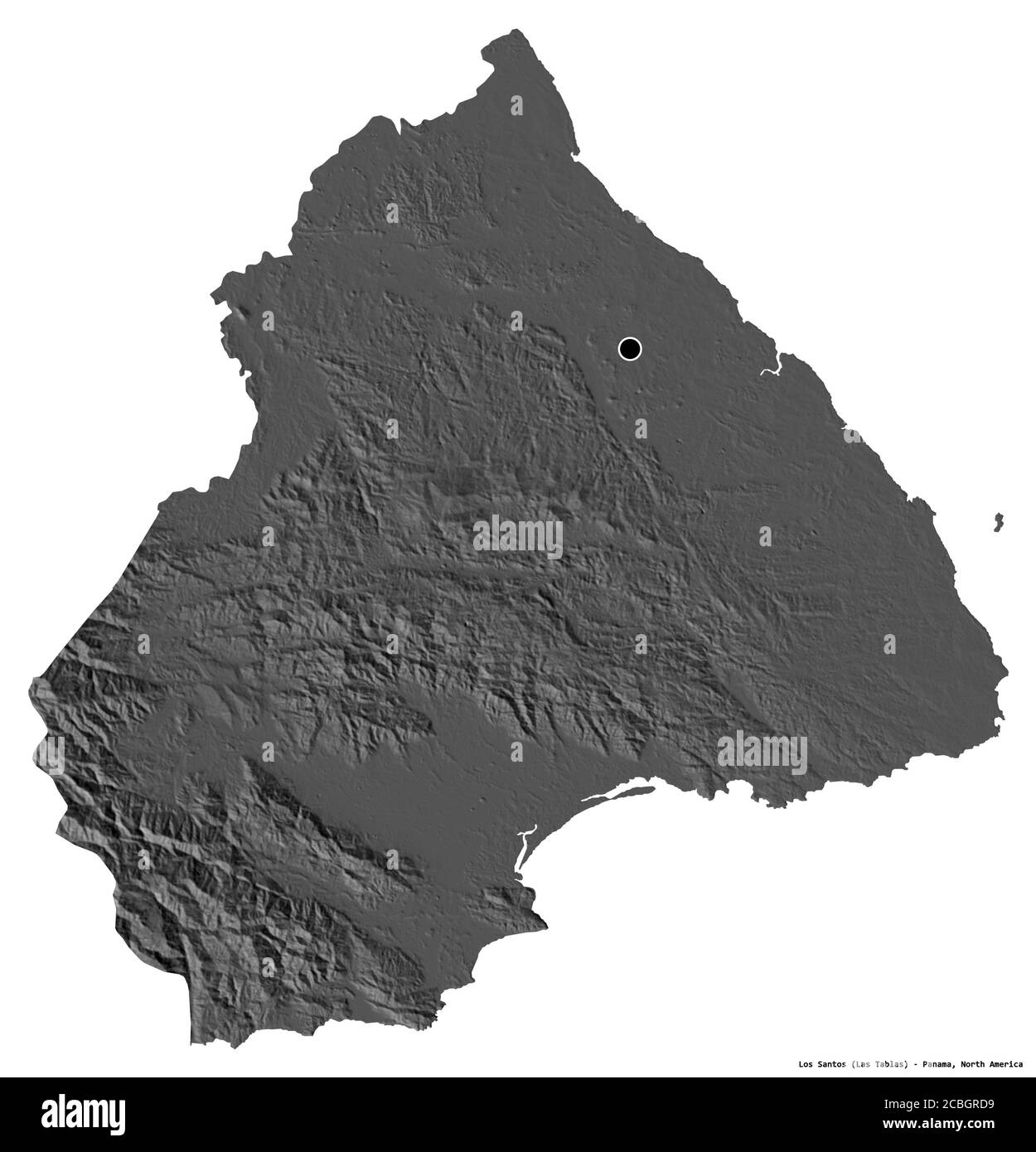 Form von Los Santos, Provinz Panama, mit seiner Hauptstadt isoliert auf weißem Hintergrund. Höhenkarte mit zwei Ebenen. 3D-Rendering Stockfoto