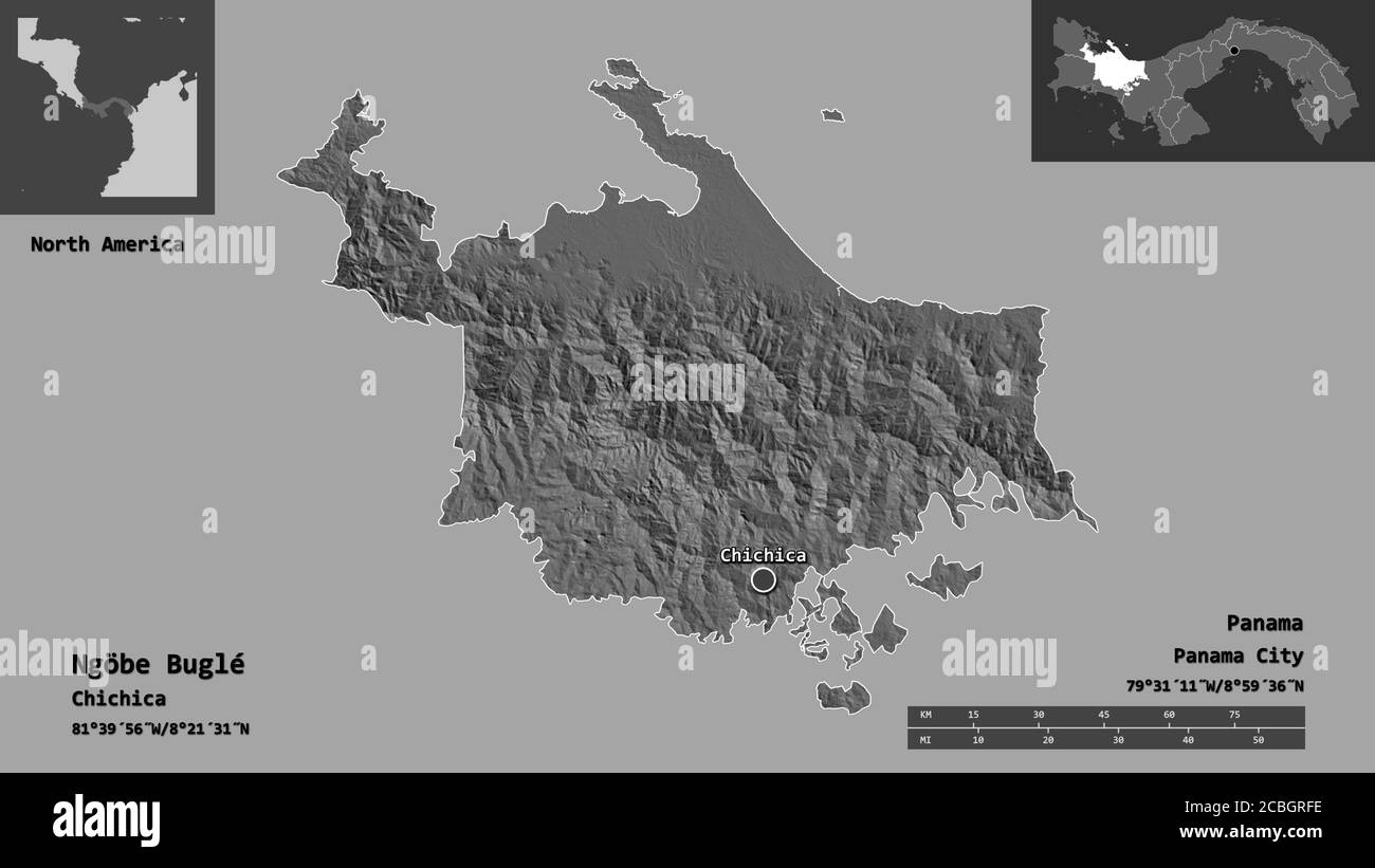 Form von Ngöbe Buglé, indigenes Gebiet von Panama, und seine Hauptstadt. Entfernungsskala, Vorschauen und Beschriftungen. Höhenkarte mit zwei Ebenen. 3D-Rendering Stockfoto