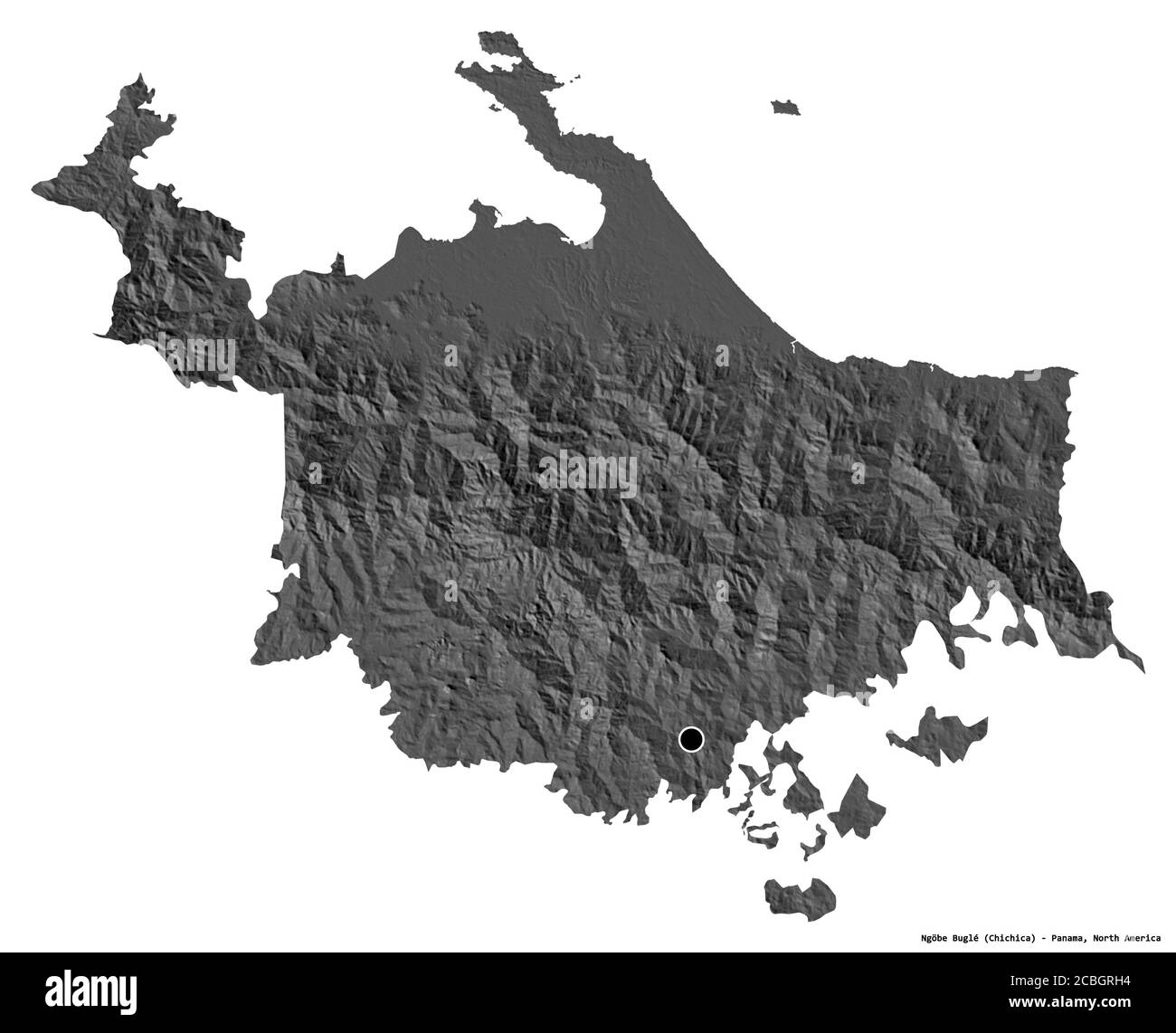 Form von Ngöbe Buglé, indigenes Gebiet von Panama, mit seiner Hauptstadt isoliert auf weißem Hintergrund. Höhenkarte mit zwei Ebenen. 3D-Rendering Stockfoto