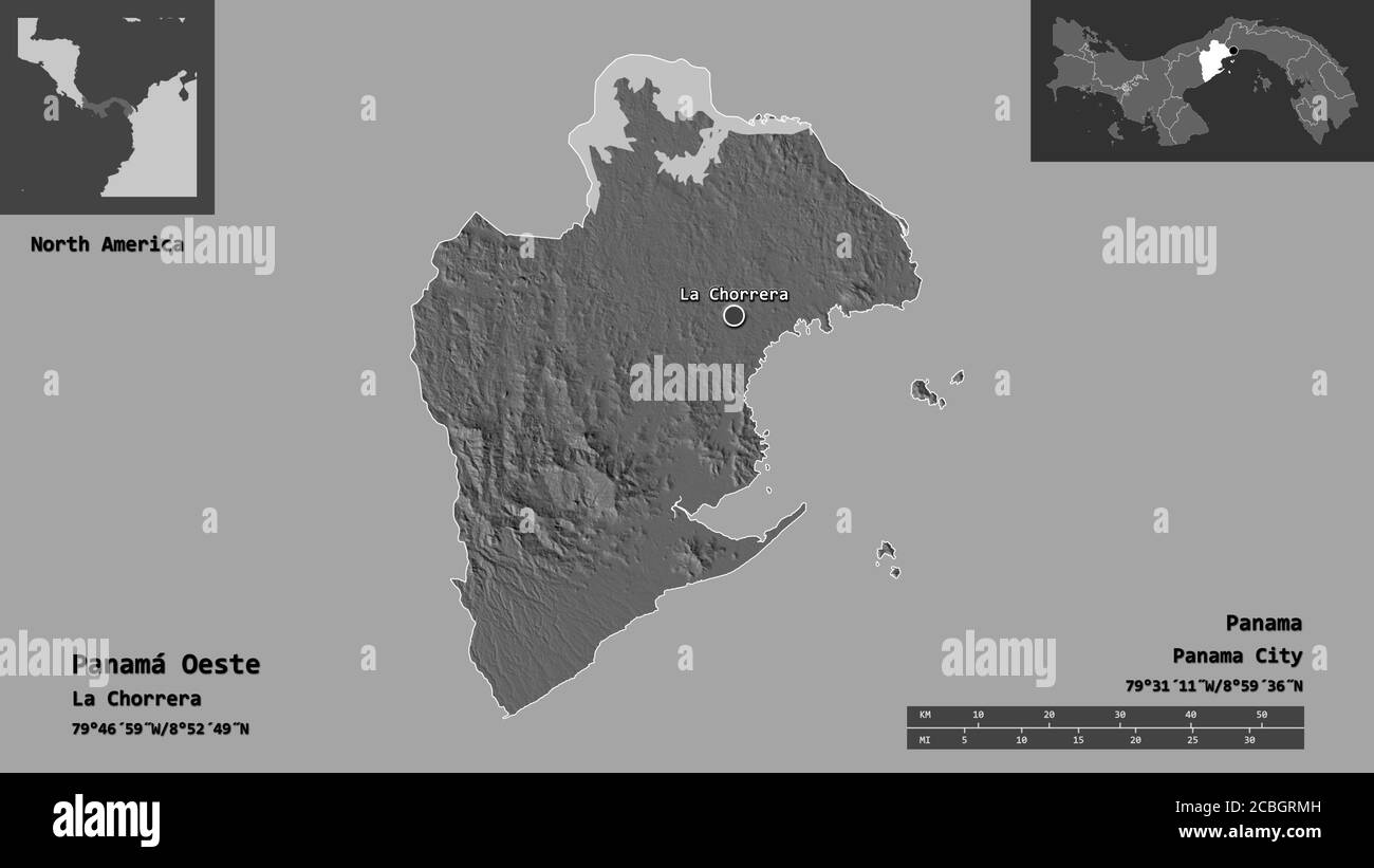 Form von Panamá Oeste, Provinz Panama, und seine Hauptstadt. Entfernungsskala, Vorschauen und Beschriftungen. Höhenkarte mit zwei Ebenen. 3D-Rendering Stockfoto
