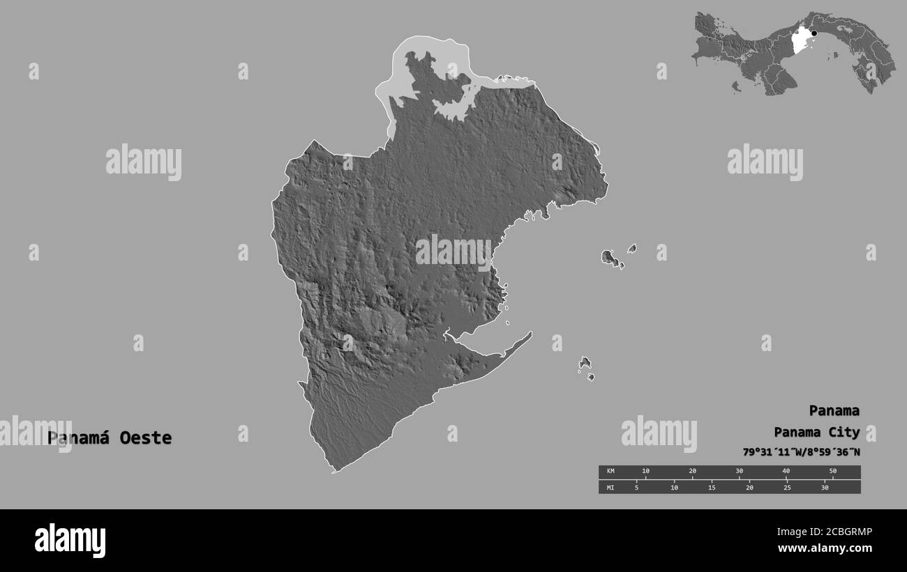 Form von Panamá Oeste, Provinz von Panama, mit seiner Hauptstadt auf festem Hintergrund isoliert. Entfernungsskala, Regionenvorschau und Beschriftungen. Höhe der Bilevel Stockfoto