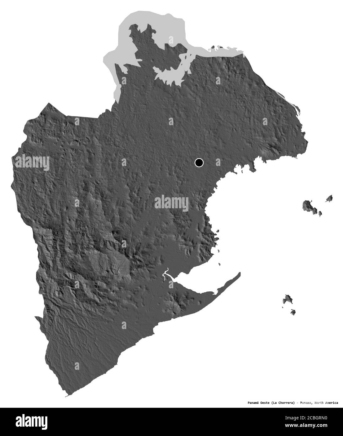 Form von Panamá Oeste, Provinz Panama, mit seiner Hauptstadt auf weißem Hintergrund isoliert. Höhenkarte mit zwei Ebenen. 3D-Rendering Stockfoto