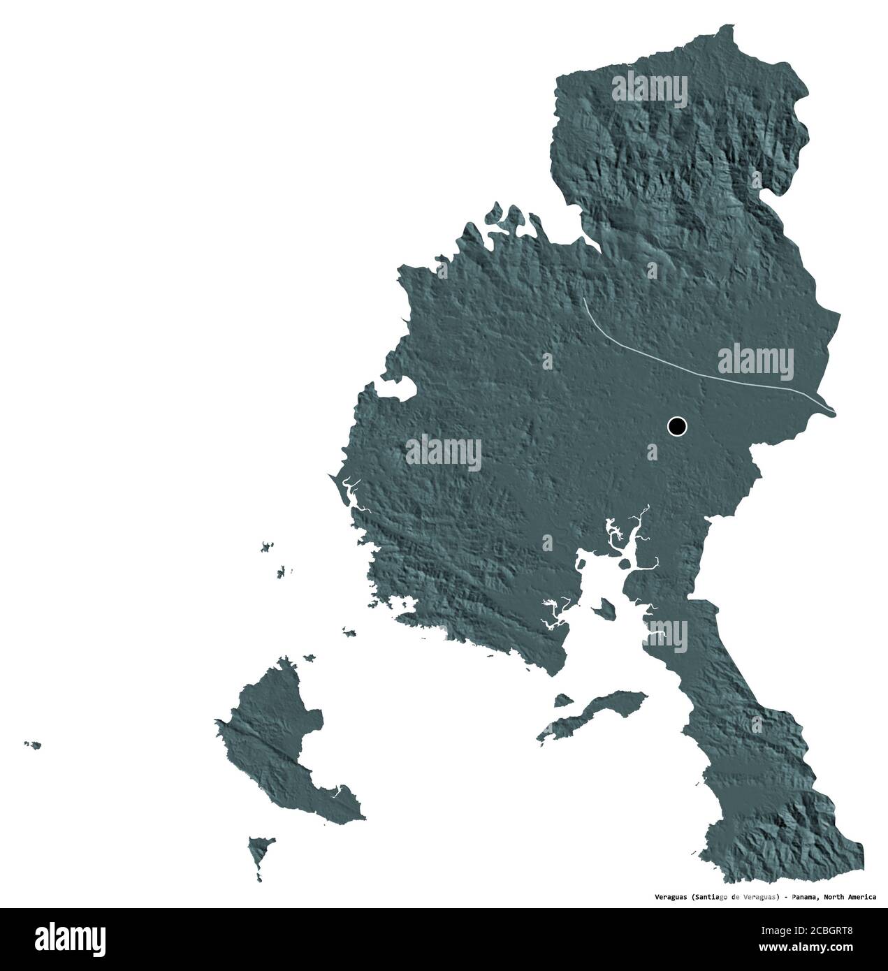 Form von Veraguas, Provinz Panama, mit seiner Hauptstadt isoliert auf weißem Hintergrund. Farbige Höhenkarte. 3D-Rendering Stockfoto