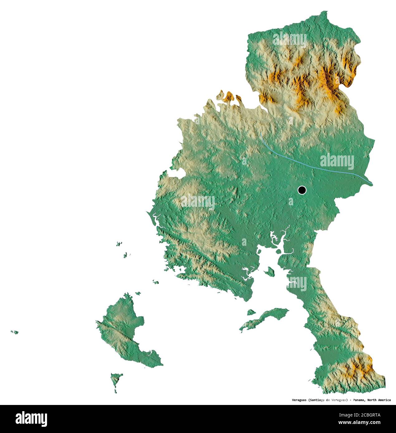 Form von Veraguas, Provinz Panama, mit seiner Hauptstadt isoliert auf weißem Hintergrund. Topografische Reliefkarte. 3D-Rendering Stockfoto