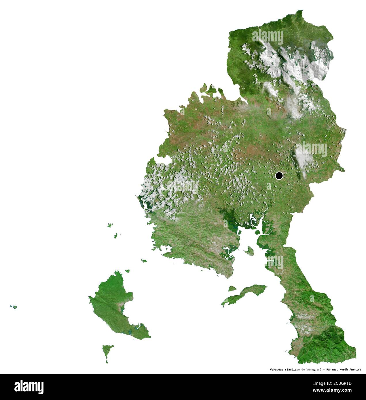 Form von Veraguas, Provinz Panama, mit seiner Hauptstadt isoliert auf weißem Hintergrund. Satellitenbilder. 3D-Rendering Stockfoto