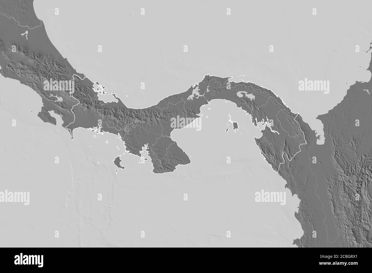 Ausgedehnte Fläche von Panama mit Länderübersicht, internationalen und regionalen Grenzen. Höhenkarte mit zwei Ebenen. 3D-Rendering Stockfoto