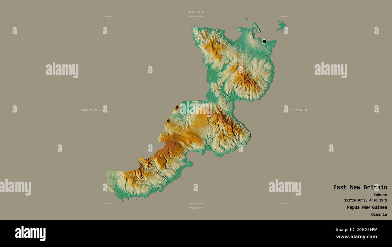 Gebiet von Ost-Neubritanien, Provinz Papua-Neuguinea, isoliert auf einem soliden Hintergrund in einem georeferenzierten Begrenzungsrahmen. Beschriftungen. Topografische Reliefkarte Stockfoto