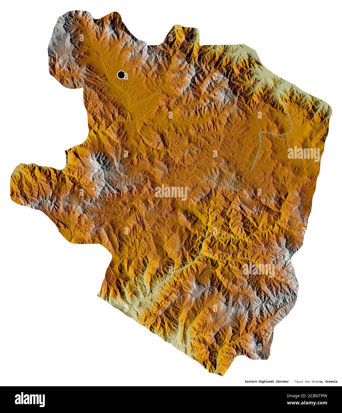 Form der östlichen Highlands, Provinz Papua-Neuguinea, mit seiner Hauptstadt isoliert auf weißem Hintergrund. Topografische Reliefkarte. 3D-Rendering Stockfoto