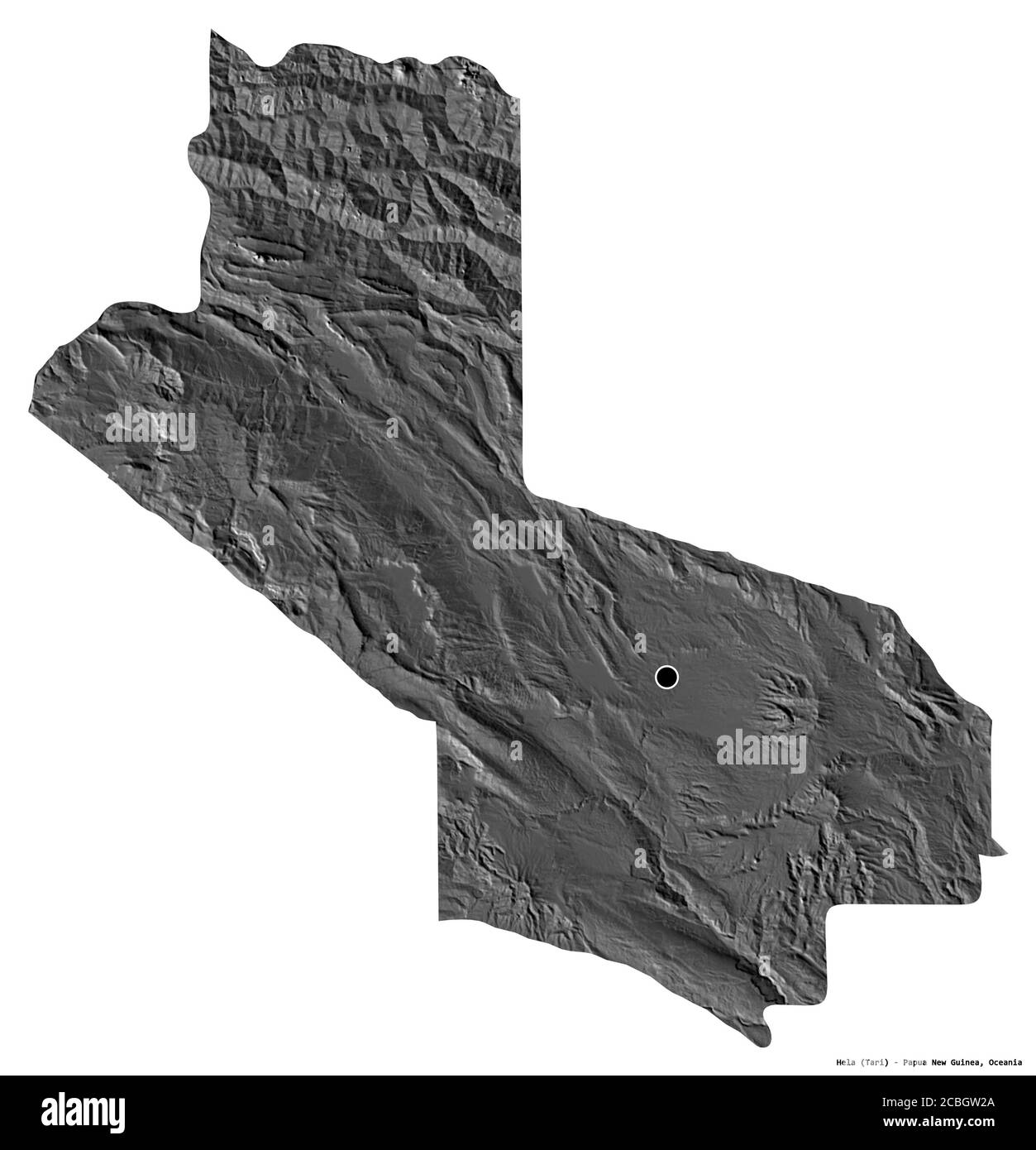 Form von Hela, Provinz Papua-Neuguinea, mit seiner Hauptstadt isoliert auf weißem Hintergrund. Höhenkarte mit zwei Ebenen. 3D-Rendering Stockfoto