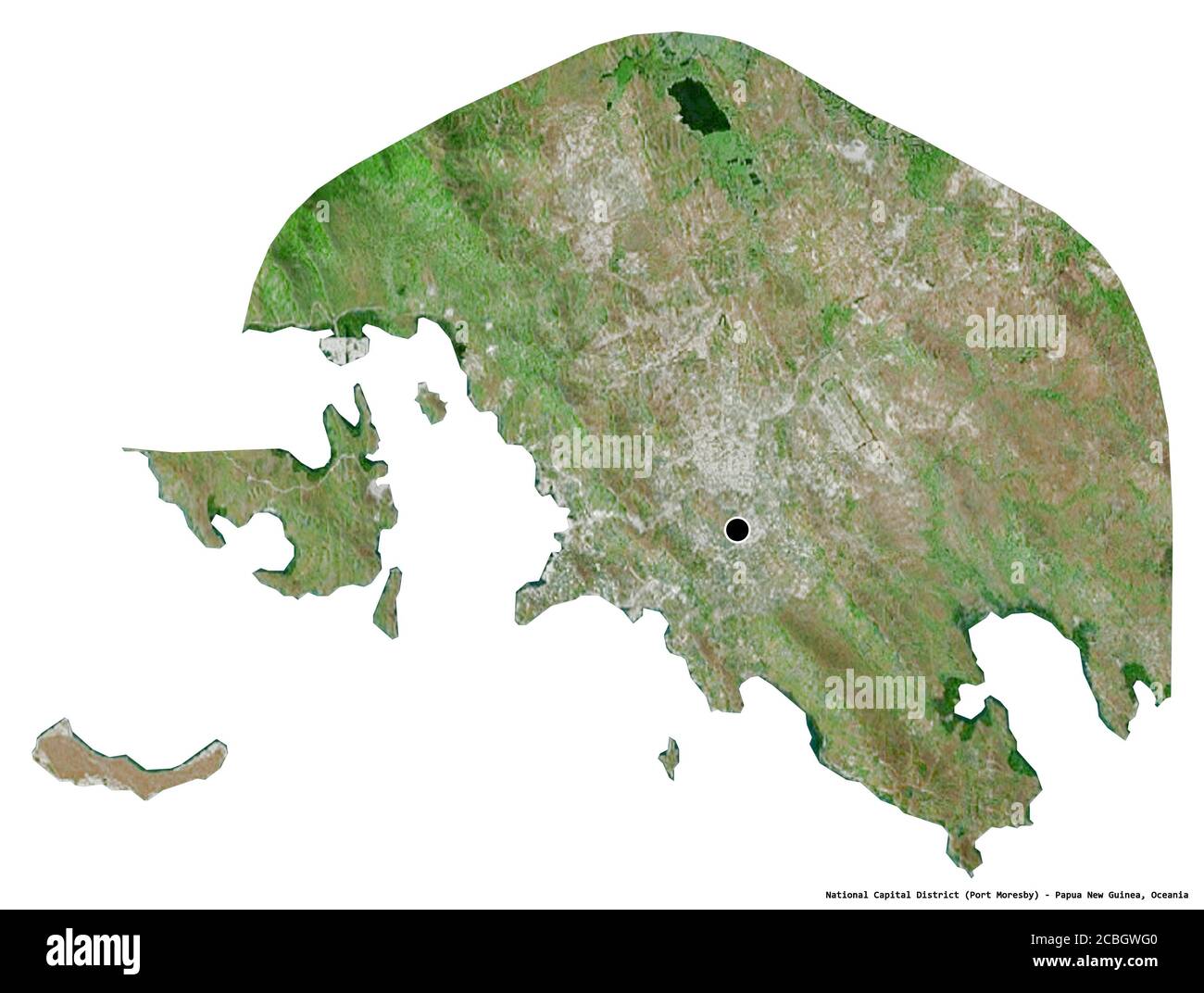 Form des National Capital District, Bezirk von Papua-Neuguinea, mit seiner Hauptstadt auf weißem Hintergrund isoliert. Satellitenbilder. 3D-Rendering Stockfoto