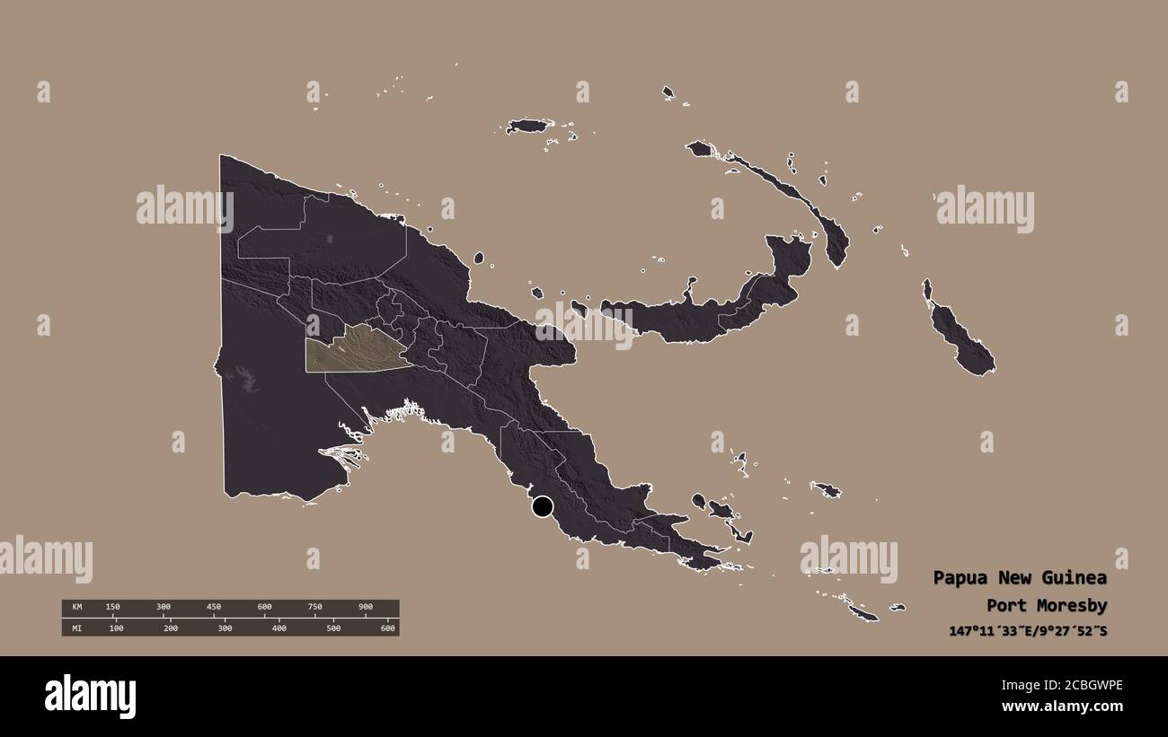 Entsättigte Form von Papua-Neuguinea mit seiner Hauptstadt, der Hauptregionalabteilung und dem abgetrennten Gebiet der südlichen Highlands. Beschriftungen. Farbige Höhe ma Stockfoto