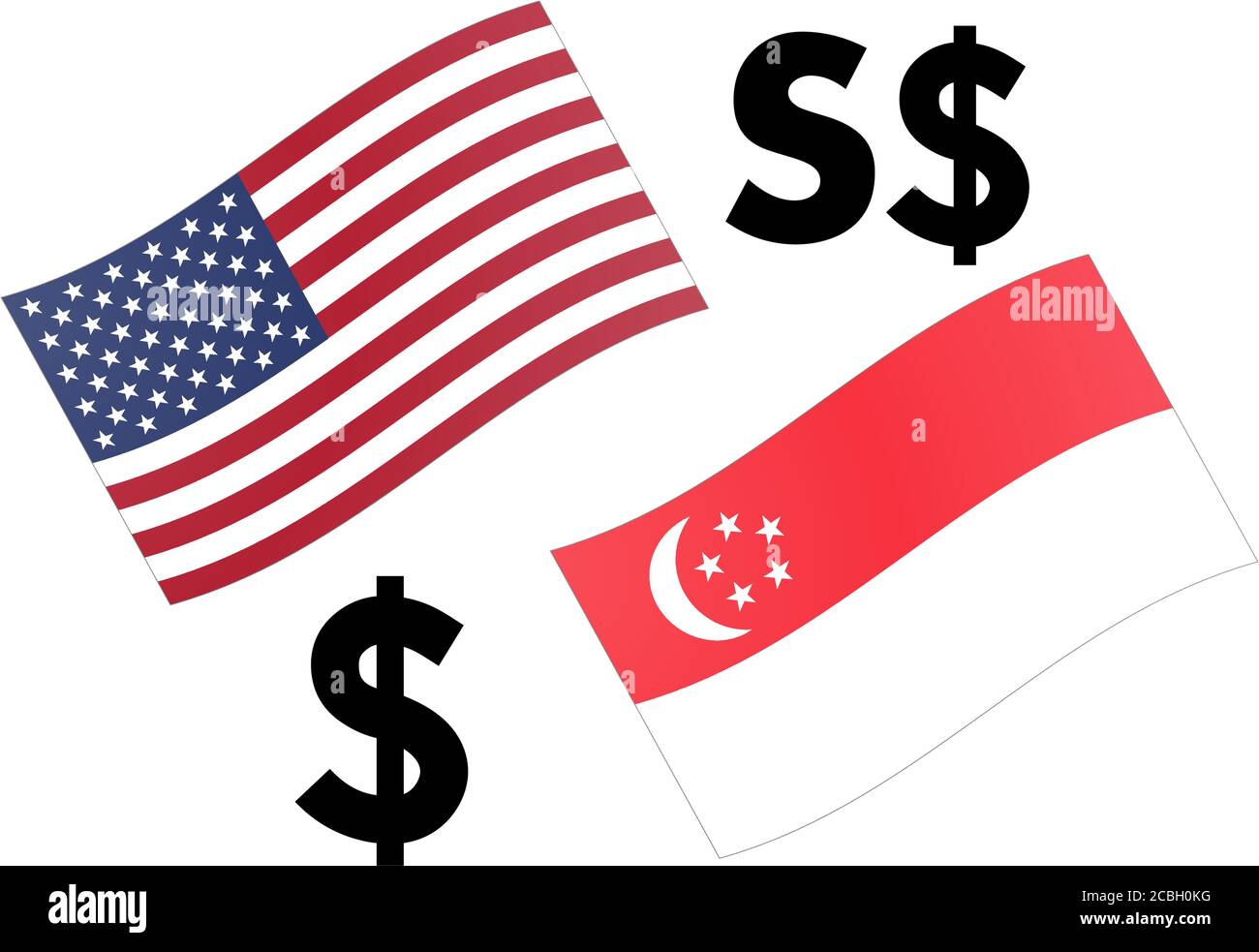 USDSGD Forex Währungspaar Vektordarstellung. Amerikanische und Singapur Flagge, mit Dollar-Symbol. Stock Vektor