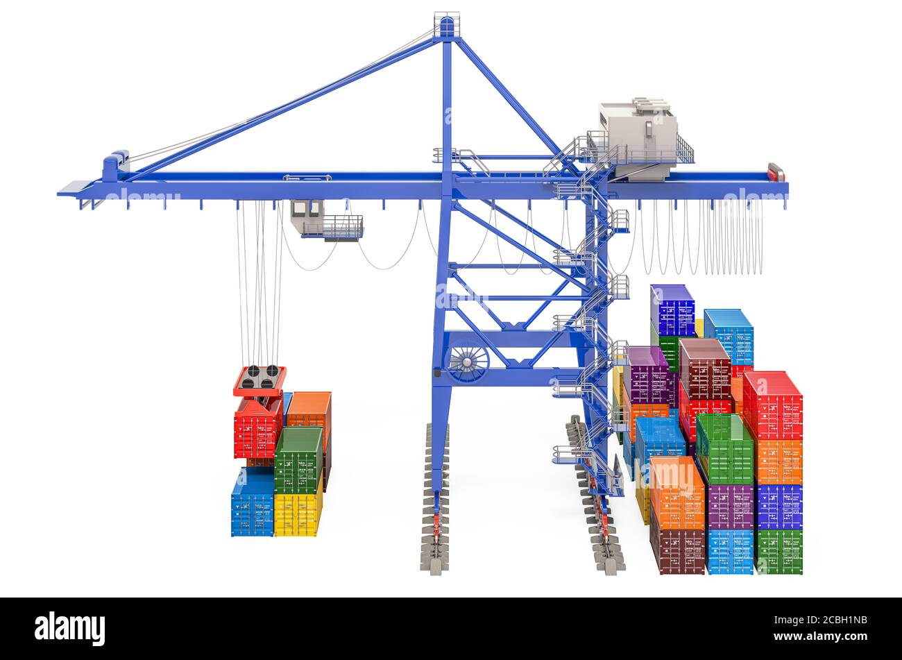 Container Handling Portalkran mit Frachtcontainern, 3D Rendering isoliert auf weißem Hintergrund Stockfoto