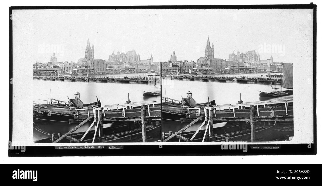 Ferrier P.F. & Soulier, J. Lévy Sr. 777 Köln, vu de Deutz. Bord du Rhin. Die Kathedrale ist noch eine Baustelle. Im Zentrum der Fotografie steht die Deutzer Schiffbrücke, hinter der Kirche St. Martin. Stereo-Fotografie auf Glasplatte aus der Zeit um 1870. Stockfoto