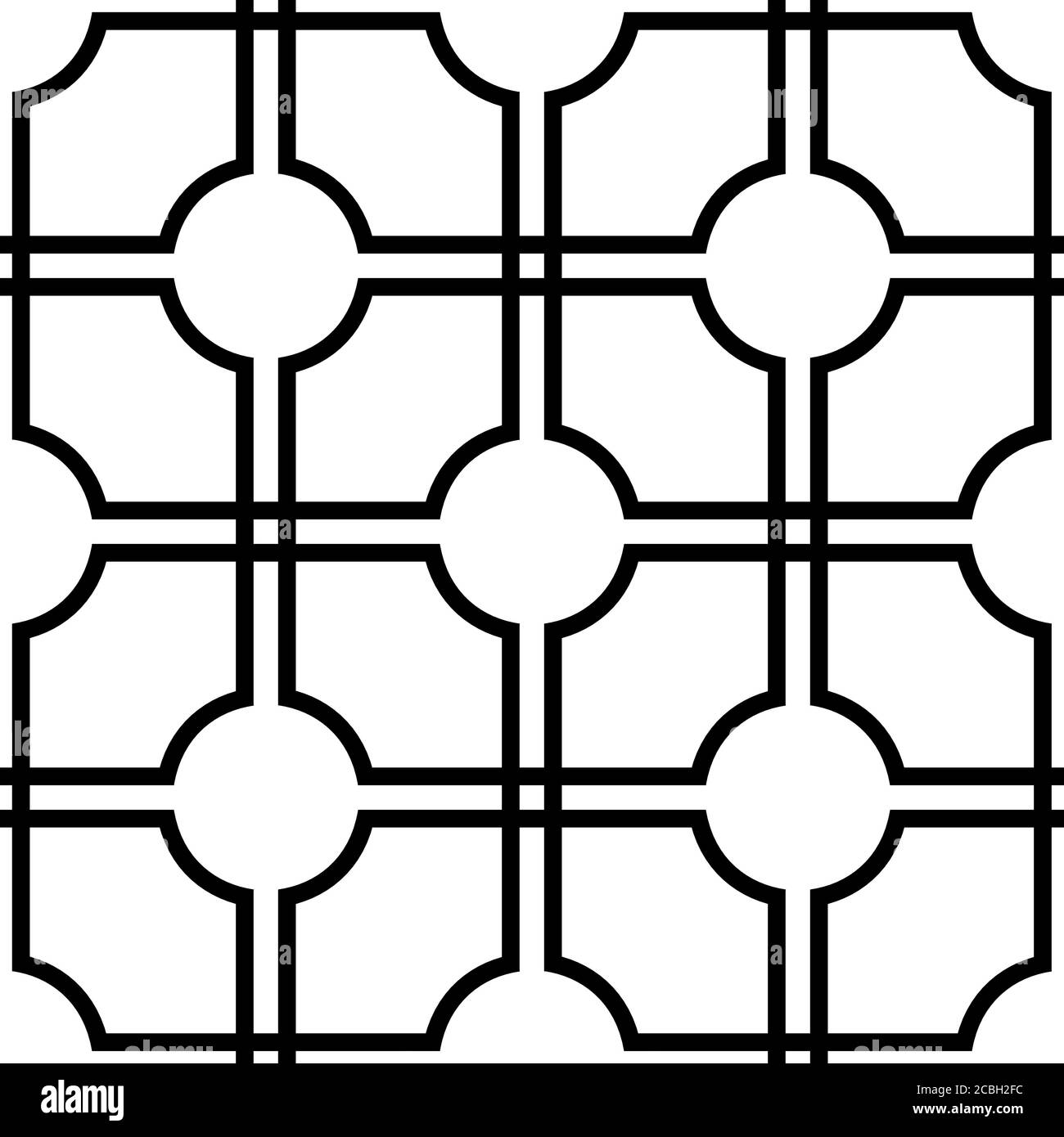 Nahtlose monochrome Vektorgrafik von Kreisen und überlappenden parallelen Linien Stock Vektor