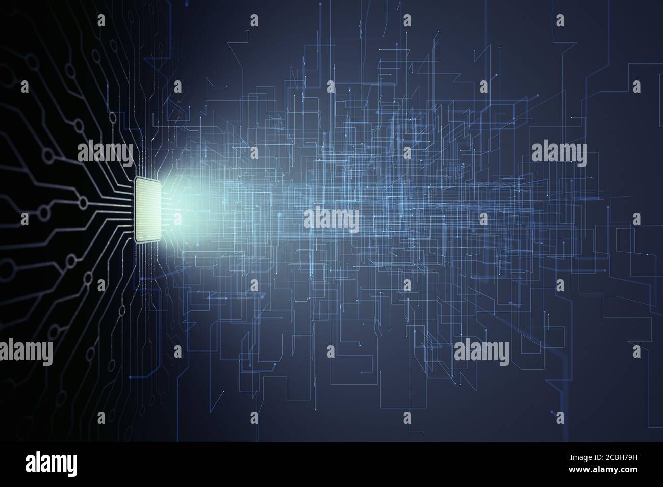 Künstliche Intelligenz, Mikrochip-Verbindungen, elektrische Impulse und binäre Codes. Stockfoto