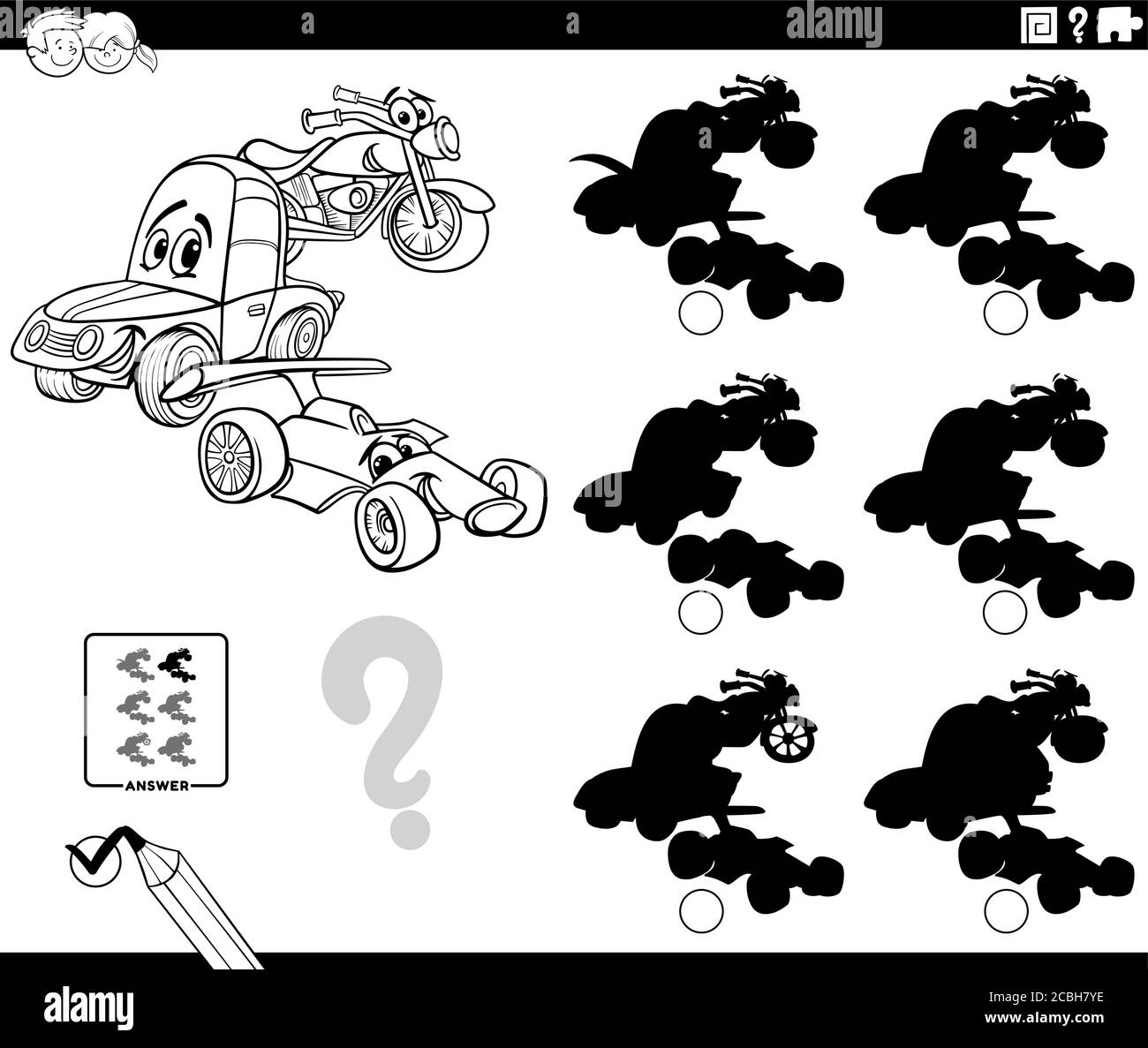 Schwarz-Weiß-Cartoon Illustration der Suche nach dem Schatten ohne Unterschiede Pädagogische Spiel für Kinder mit lustigen Fahrzeugen Zeichen Färbung B Stock Vektor
