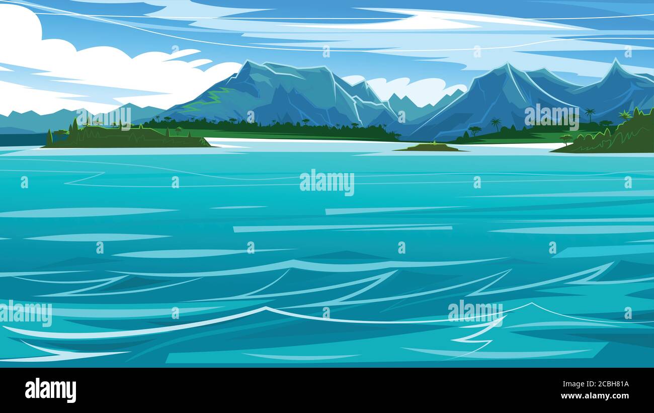 Meeresblick auf die Wasserlinie. Küste mit Bergen, Dschungel und Stränden. Horizont. Blaue Wasseroberfläche, ruhige azurblaue Wellen. Vektorhintergrund Stock Vektor