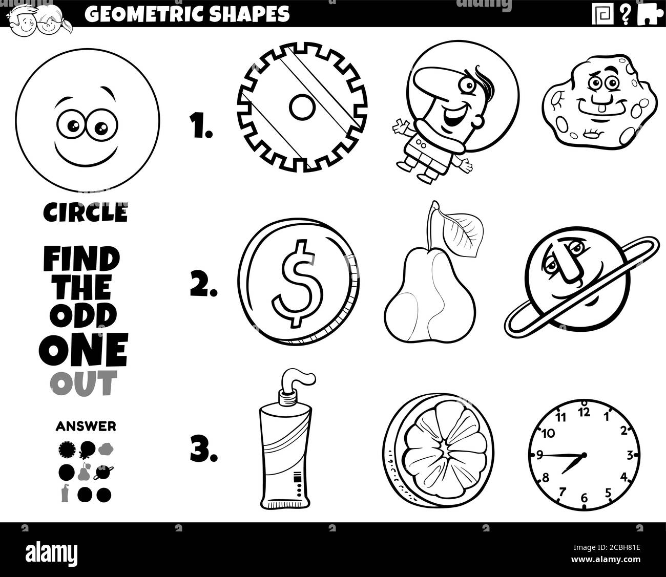Schwarz und Weiß Cartoon Illustration von Kreis geometrische Form Educational Odd One Out Aufgabe für Kinder Malbuch Seite Stock Vektor