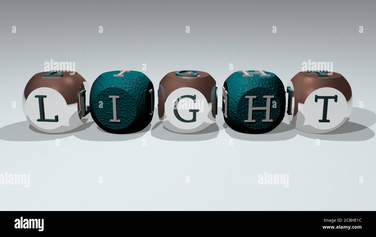 Kreuzworträtsel des LICHTS, angeordnet durch kubische Buchstaben auf einem Spiegelboden, Konzept Bedeutung und Präsentation für Hintergrund und Illustration. 3D-Illustration Stockfoto