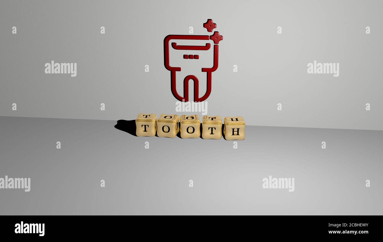 Zahn 3D-Symbol an der Wand und kubische Buchstaben auf Der Boden - 3D-Illustration für Zahn und Pflege Stockfoto