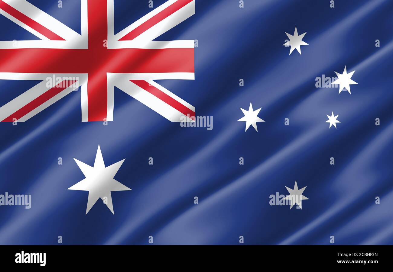 Seide gewellte Flagge von Australien Grafik. Gewellte australische Flagge 3D-Illustration. Die gekräuselte australische Landesflagge ist ein Symbol für Freiheit, Patriotismus und Indep Stockfoto