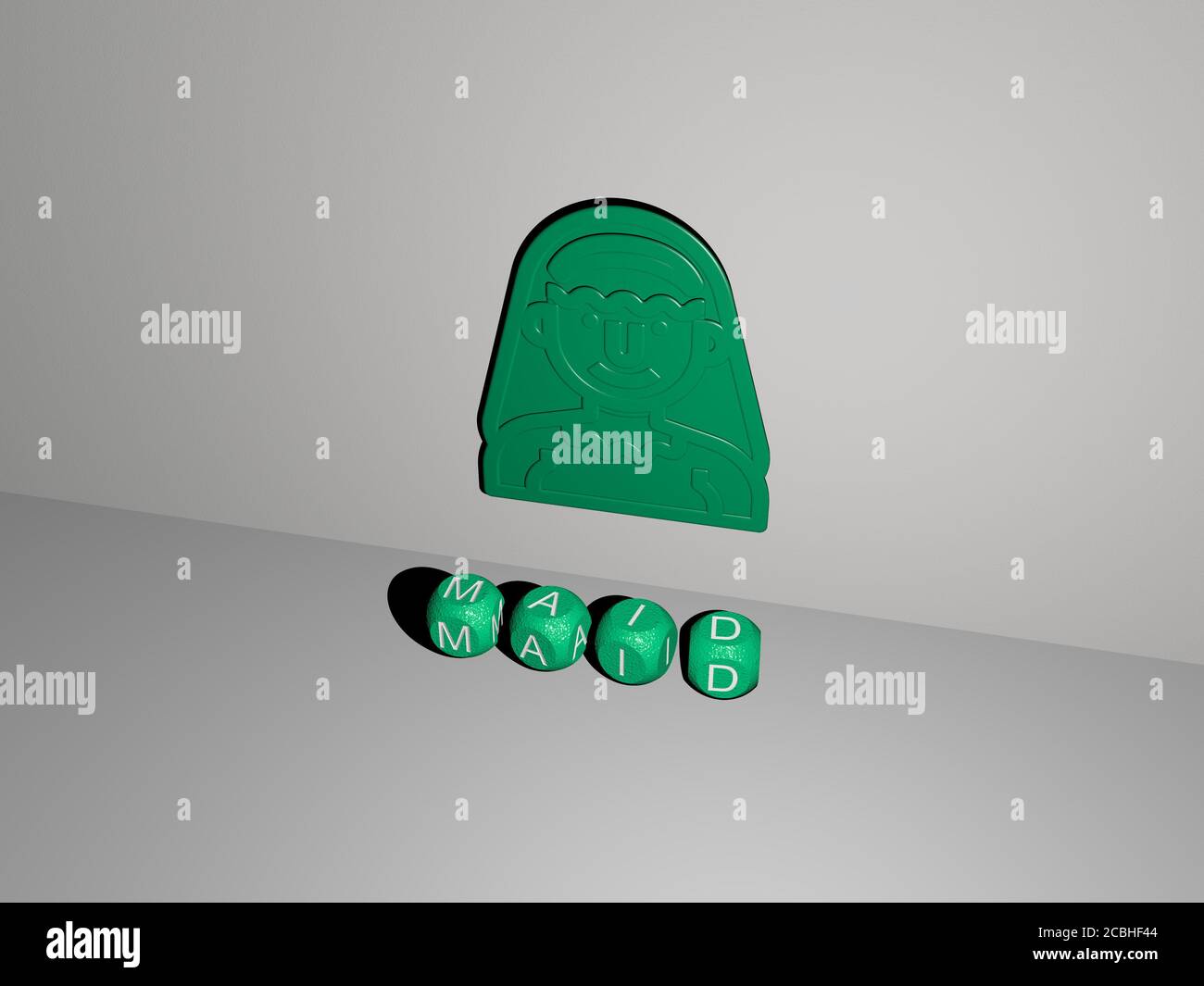 Maid 3D-Symbol an der Wand und Text von kubischen Alphabete auf dem Boden - 3D-Darstellung für Reinigung und Reiniger Stockfoto