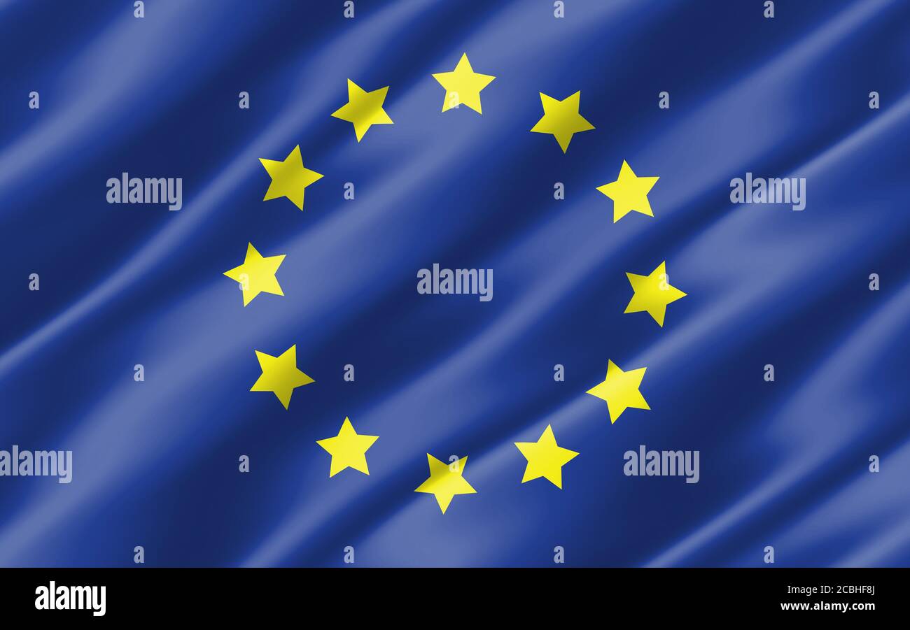 Seide gewellte Flagge der Europäischen Union Grafik. 3D-Abbildung der wellenförmigen Flagge Europas. Die gekräuselte EU-Länderflagge ist ein Symbol für Freiheit, Patriotismus und Stockfoto