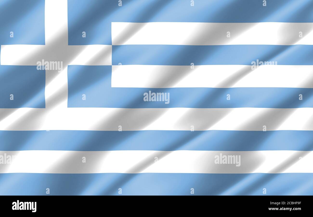 Seide gewellte Flagge von Griechenland Grafik. Gewellte griechische Flagge 3D-Abbildung. Die gekräuselte griechische Landesflagge ist ein Symbol für Freiheit, Patriotismus und Unabhängigkeit. Stockfoto