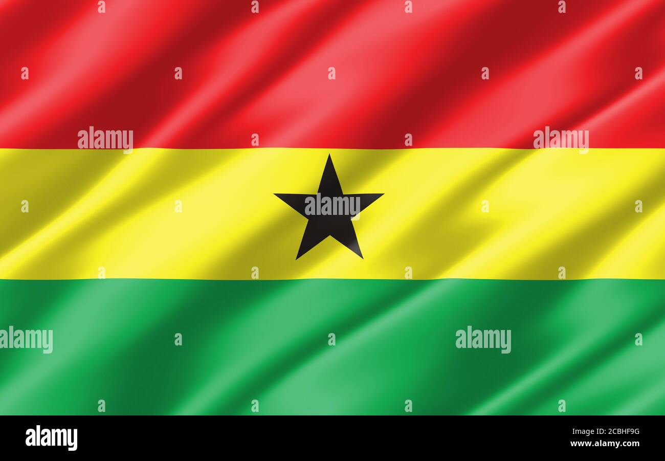 Seide gewellte Flagge von Ghana Grafik. Gewellte ghanaische Flagge 3D-Illustration. Rippled Ghana Land Flagge ist ein Symbol für Freiheit, Patriotismus und Unabhängigkeit. Stockfoto