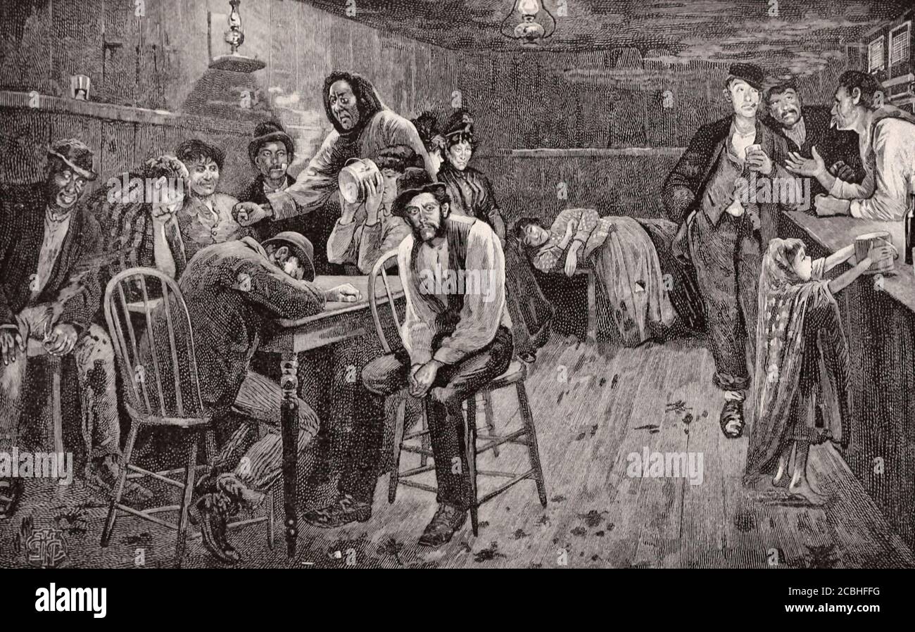 Ein unterirdischer Tauchgang mit abgestandenem Bier spät in der Nacht im Mulberry Street Bend in New York City, um 1892 Stockfoto