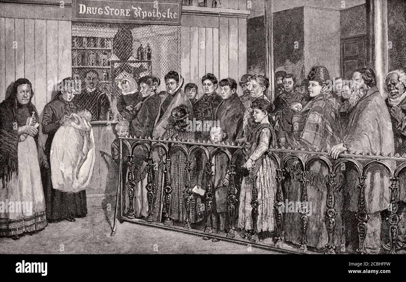 Samstagmorgen in der Great Eastern Free Dispensary - Linderung der Not unter den kranken Armen - New York City, um 1892 Stockfoto