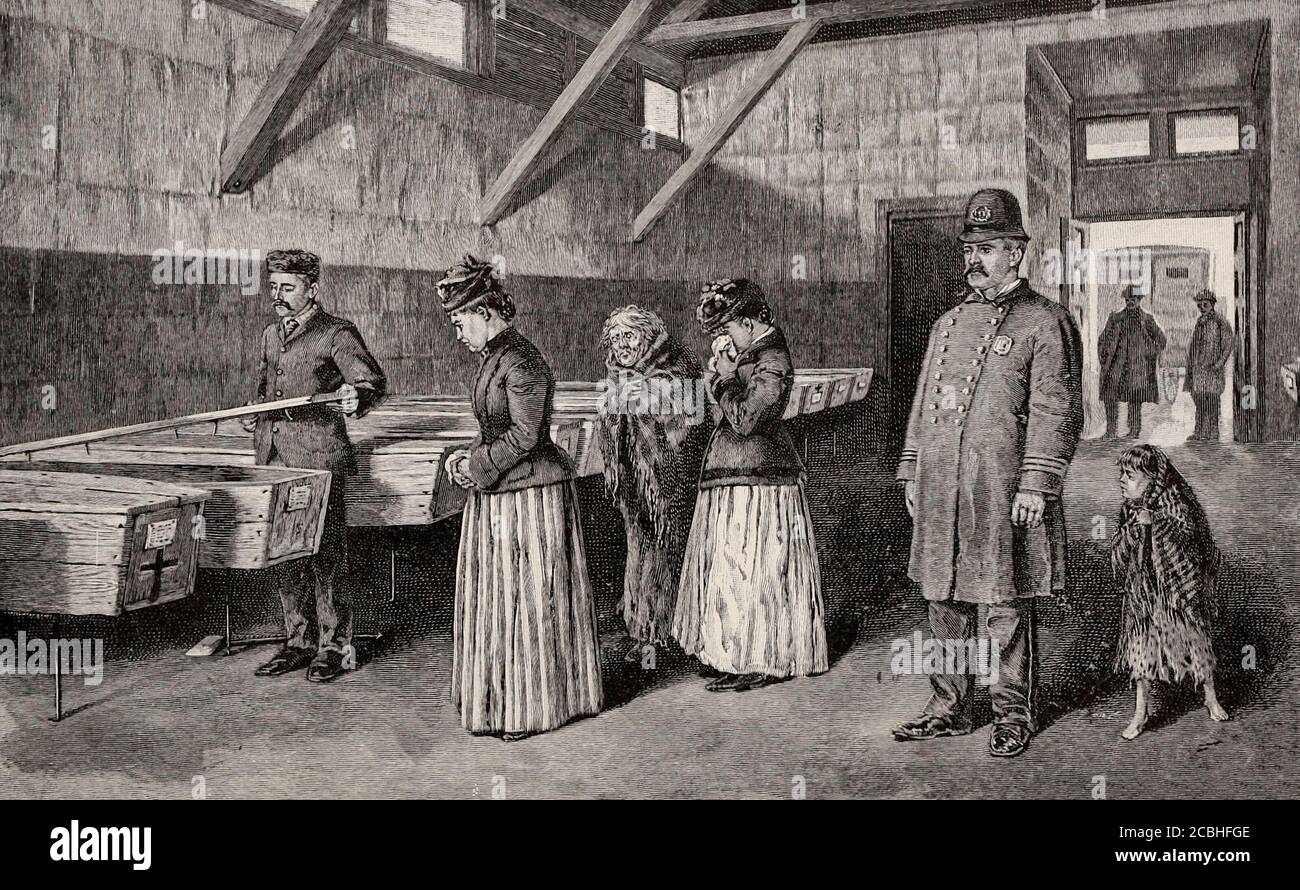 Eine alltägliche Szene im Leichenhaus - Identifying the Unknown Dead - New York City, 1892 Stockfoto