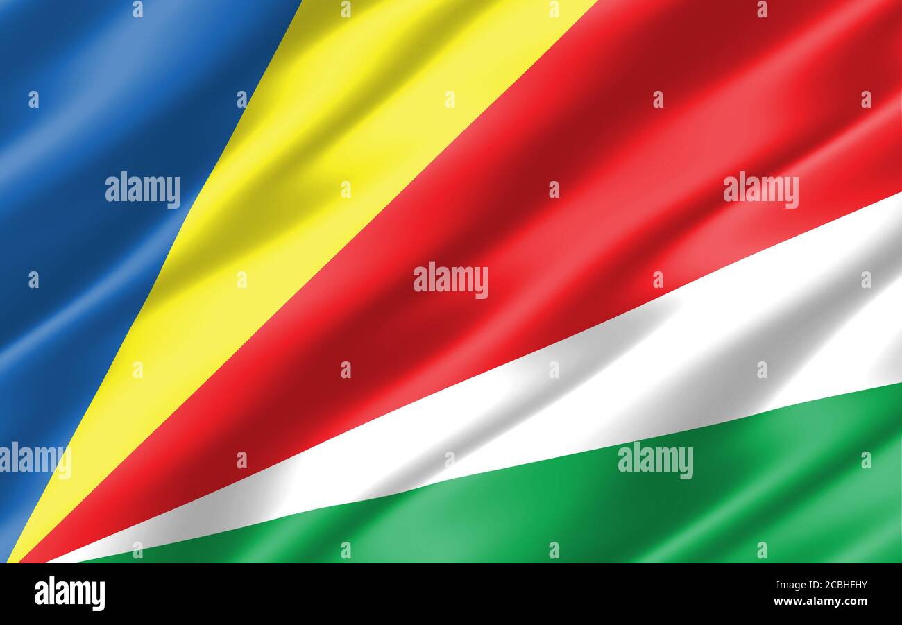 Seide gewellte Flagge der Seychellen Grafik. Gewellte Flagge Seychellois 3D-Illustration. Rippled Seychellen Land Flagge ist ein Symbol der Freiheit, Patriotismus und in Stockfoto