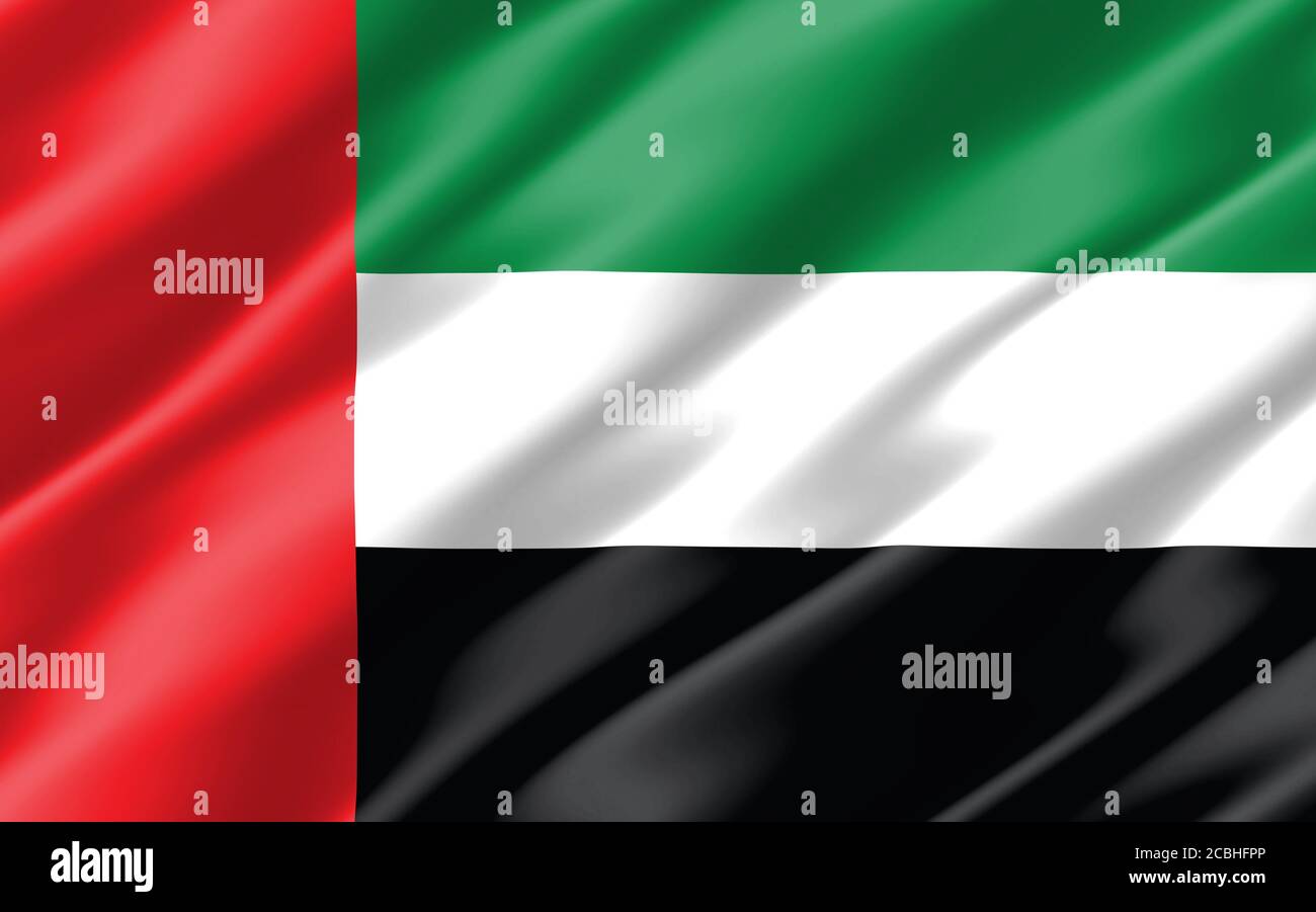 Seide gewellte Flagge der VAE Grafik. Gewellte emiratische Flagge 3D-Abbildung. Die gekräuselte Flagge der VAE ist ein Symbol für Freiheit, Patriotismus und Unabhängigkeit. Stockfoto