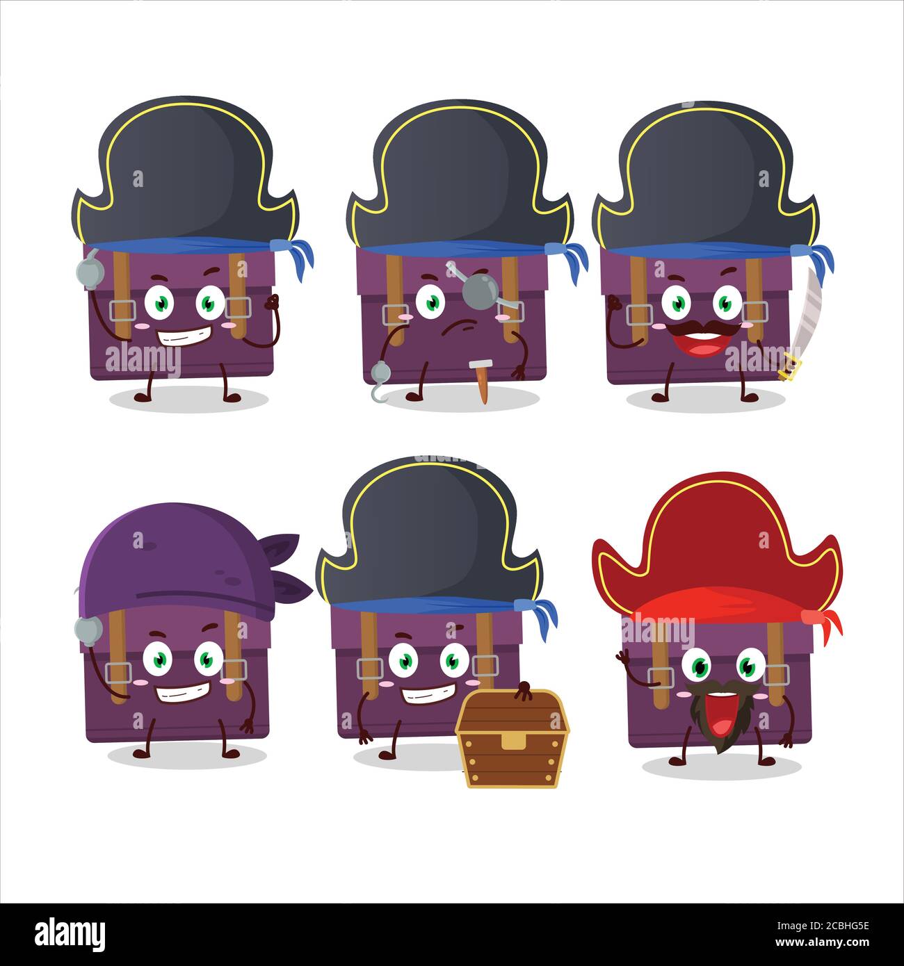 Cartoon-Charakter der lila Koffer mit verschiedenen Piraten Emoticons Stock Vektor
