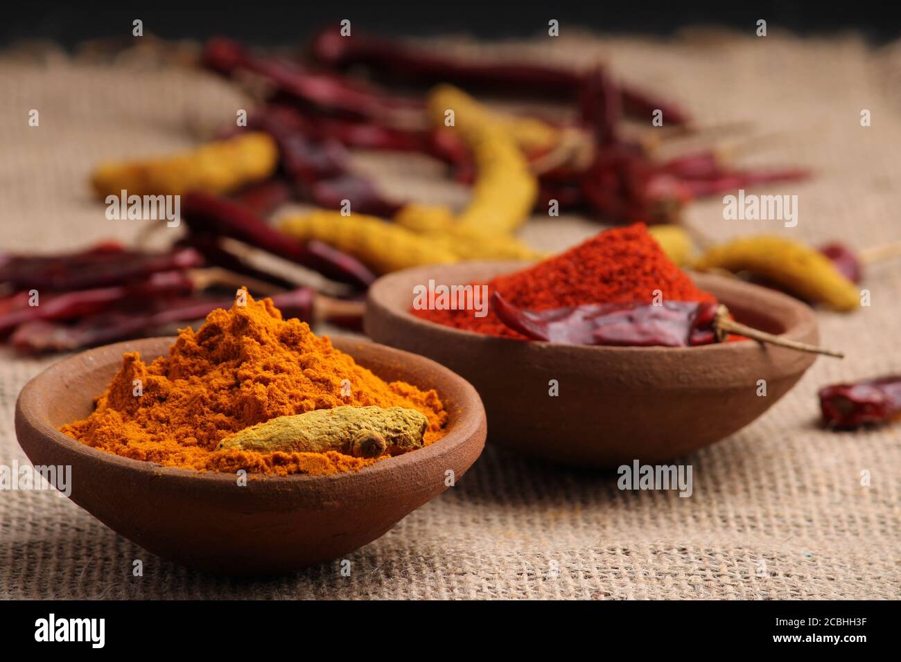 Indische Gewürze Chili und Kurkuma Pulver in einem Tontopf mit roten Chilis und Kurkuma Wurzel auf Jute Hintergrund. Stockfoto