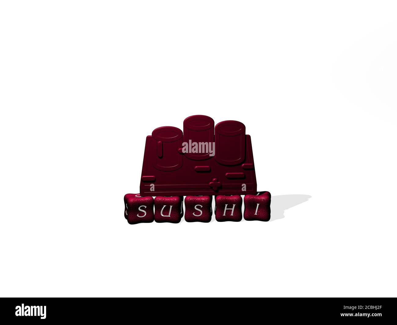 SUSHI 3D-Symbol auf kubischem Text - 3D-Illustration für Essen und japanisch Stockfoto