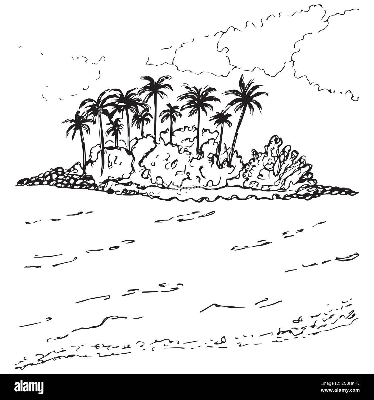 Tropische oder einsame Insel mit Palmendoodle Icon Vektor Stock Vektor
