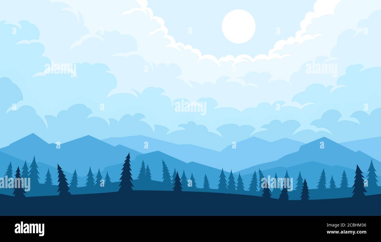 Berglandschaft mit Bäumen Silhouetten im Vordergrund Stock Vektor