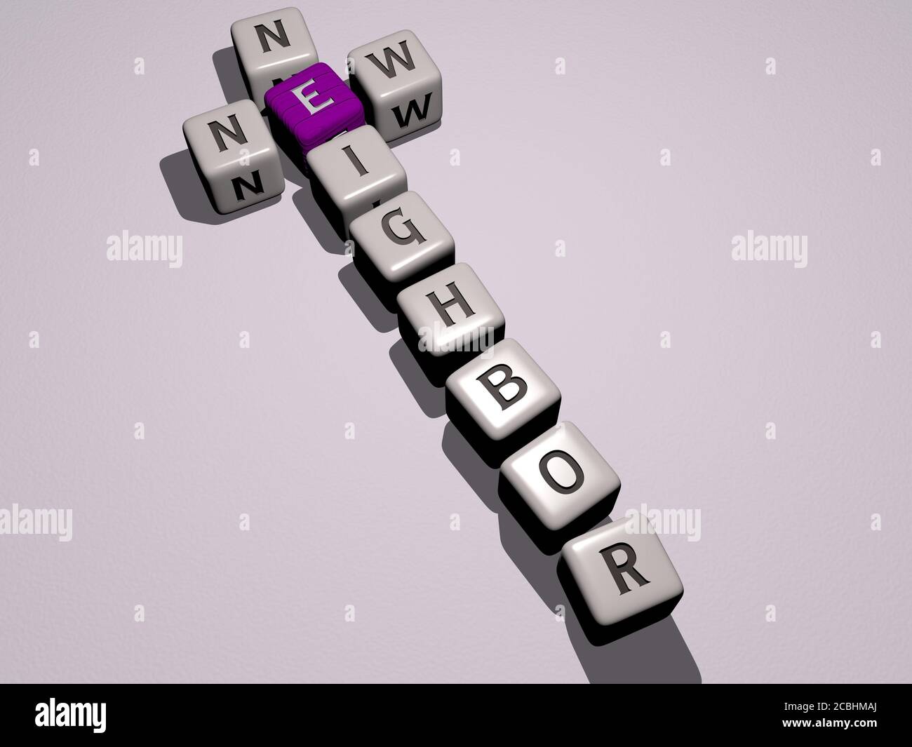 Neues Nachbar Kreuzworträtsel durch Würfelbuchstaben - 3D-Illustration Für Karte und Hintergrund Stockfoto