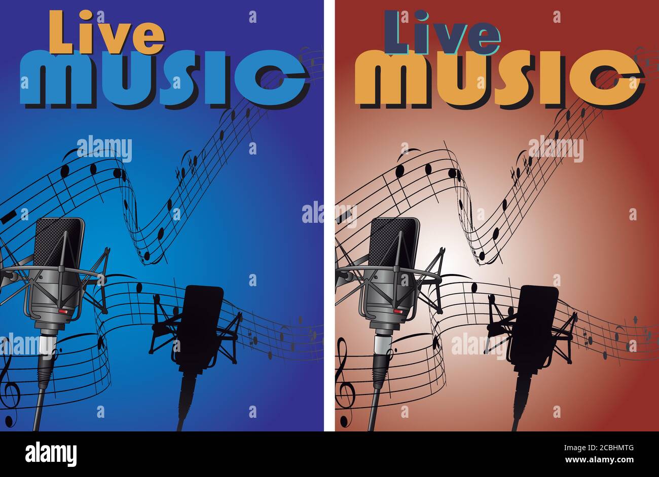 Zwei Poster mit Mikrofon und Partitur auf Gradienten Hintergrund Stock Vektor