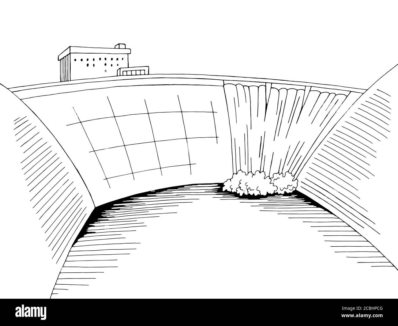 Damm Wasserkraft Fluss Grafik schwarz weiß Landschaft Skizze Illustration Vektor Stock Vektor