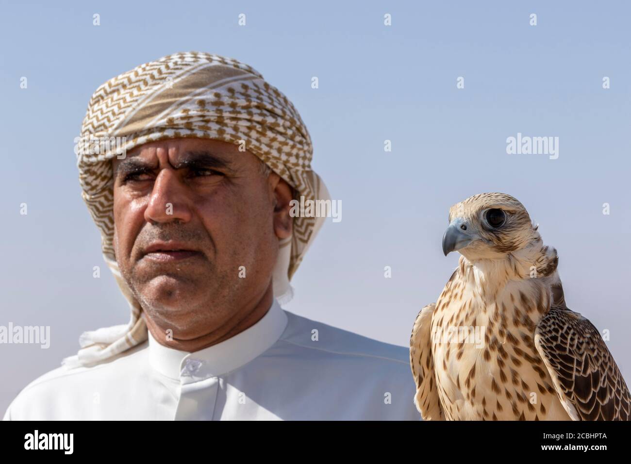 Ein Araber in traditioneller arabischer Tracht mit einem Falken brachte Für den Wettbewerb beim Al Dhafra Kamelfest Stockfoto